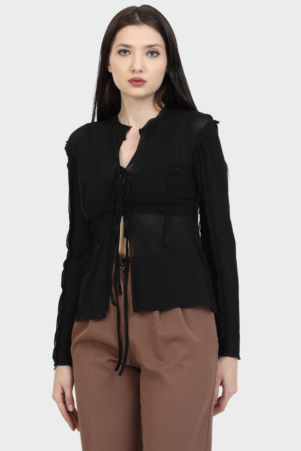 Tie-Front Black Mesh Top