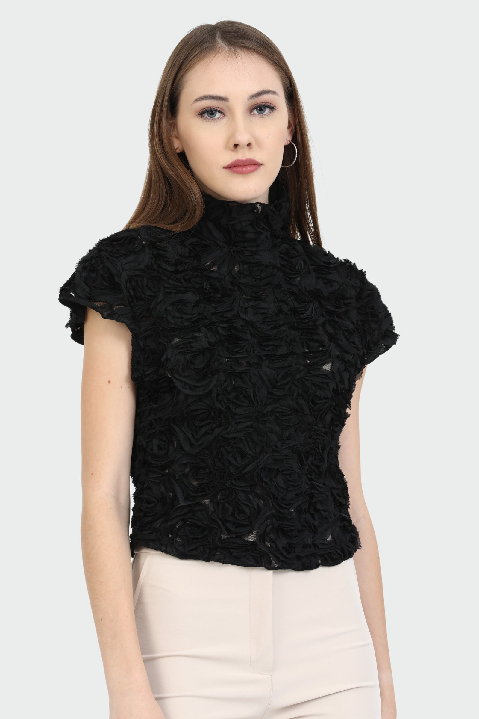 Black Rose-Embellished Mock Neck Top