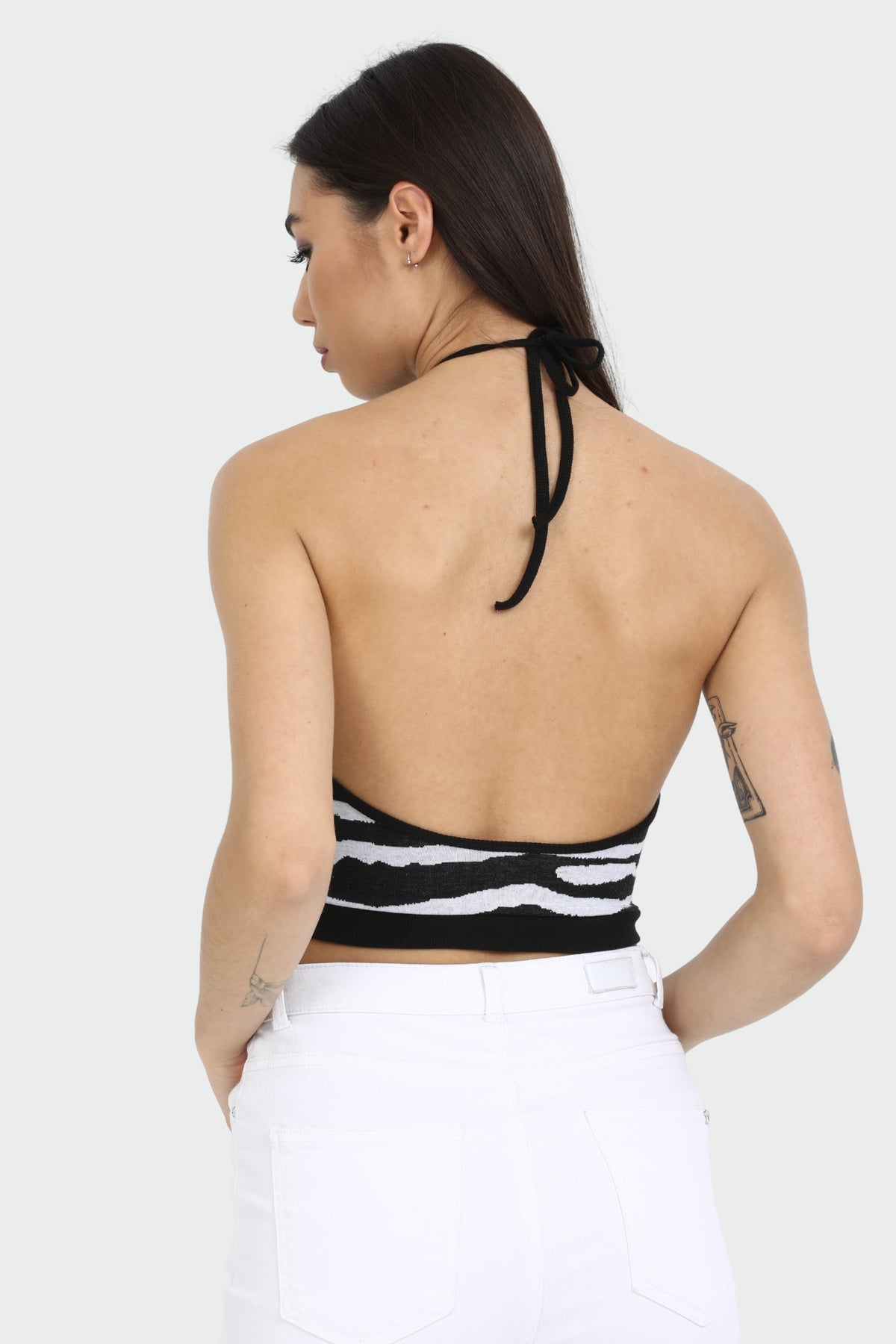 Black-White Printed Halter Crop Top
