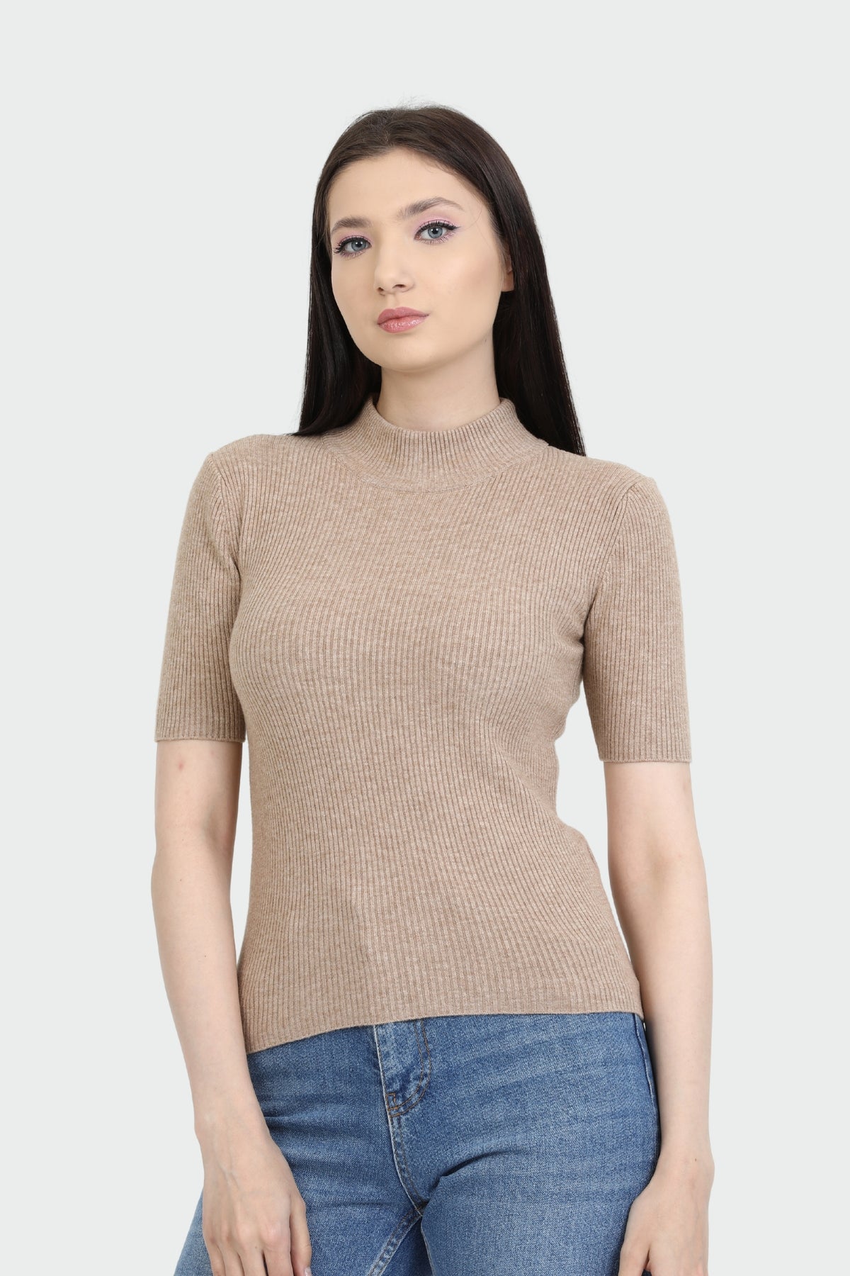 Mock Neck Elbow Sleeve Rib Sweater