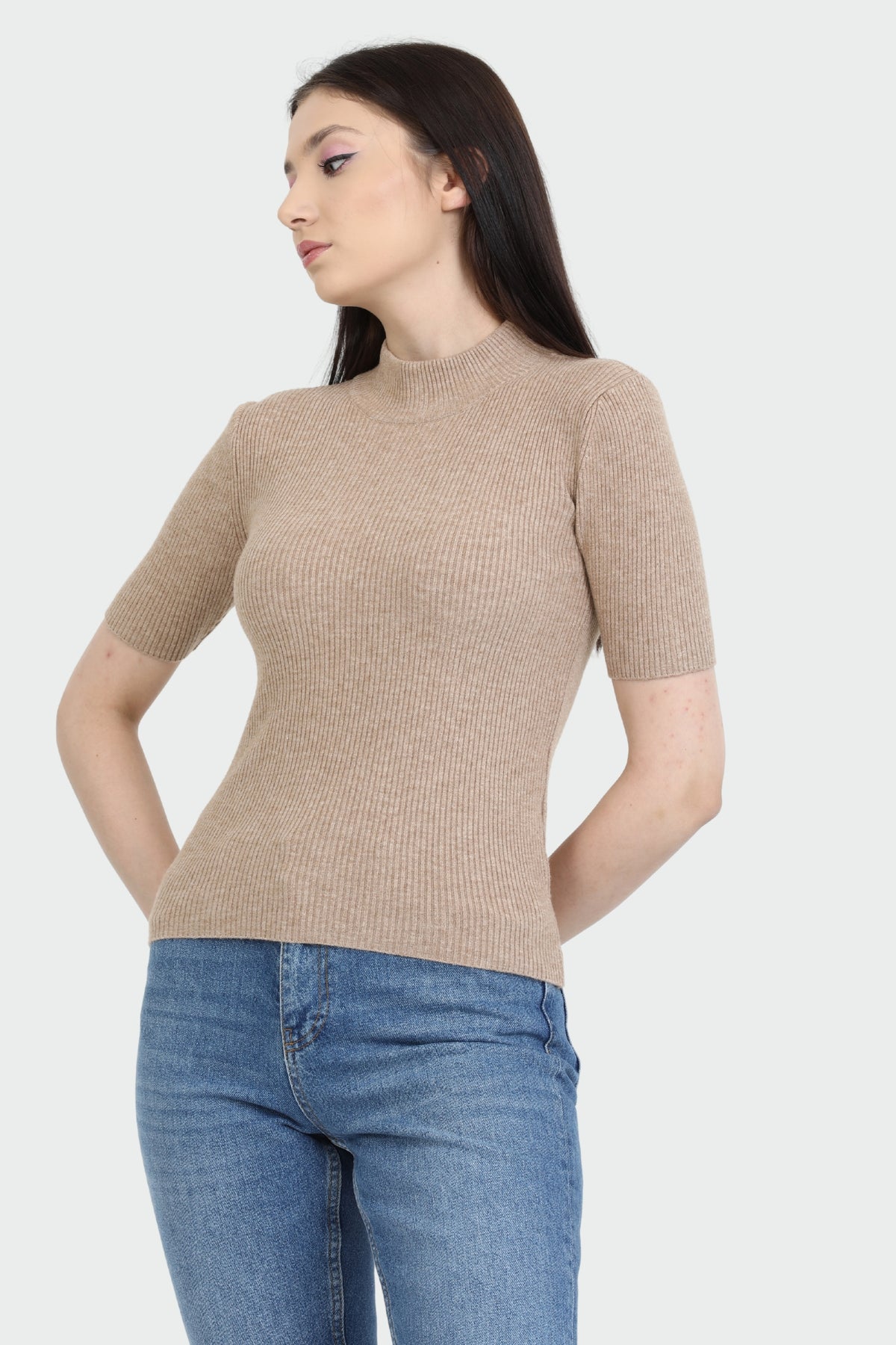 Mock Neck Elbow Sleeve Rib Sweater