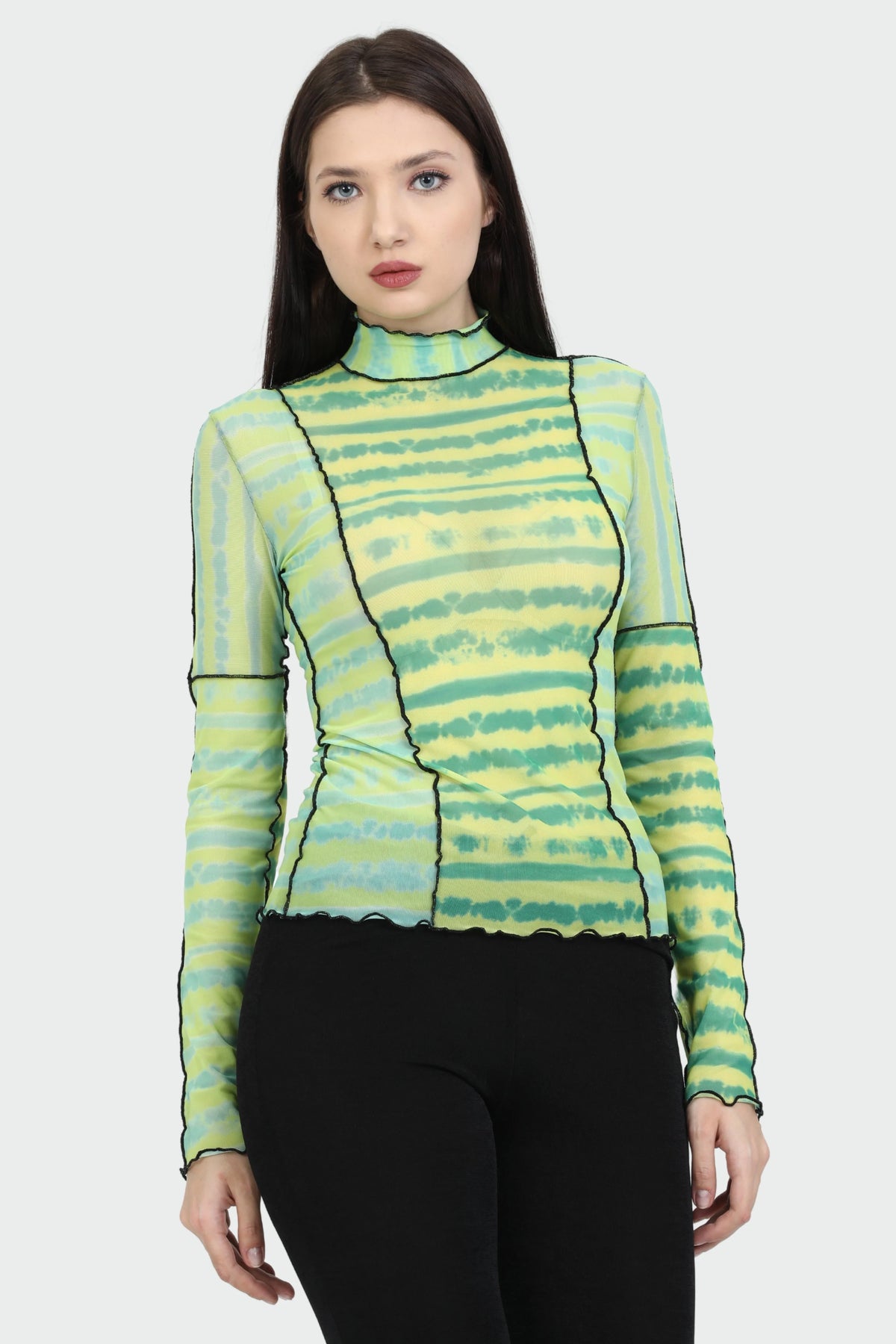 Turtleneck Long Sleeve Green Mint Yellow Tie Dye Blouse