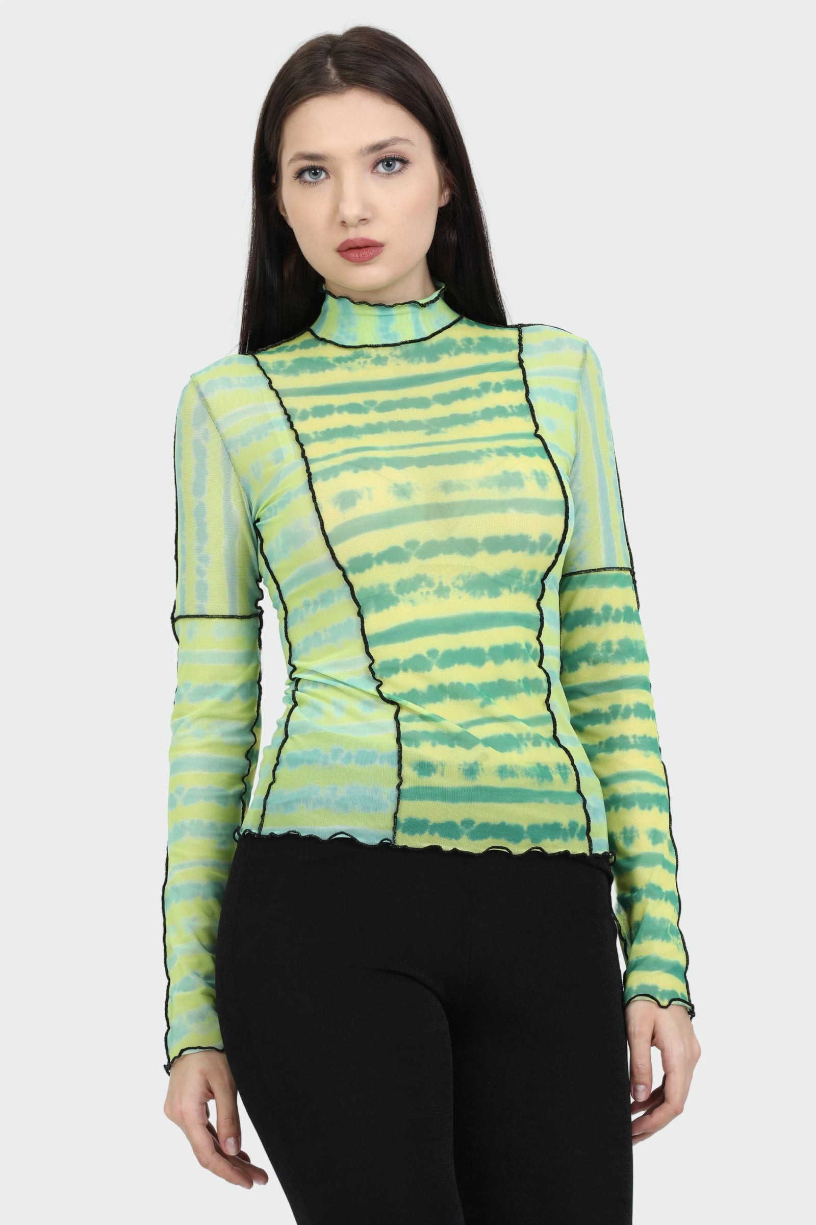 Turtleneck Long Sleeve Green Mint Yellow Tie Dye Blouse