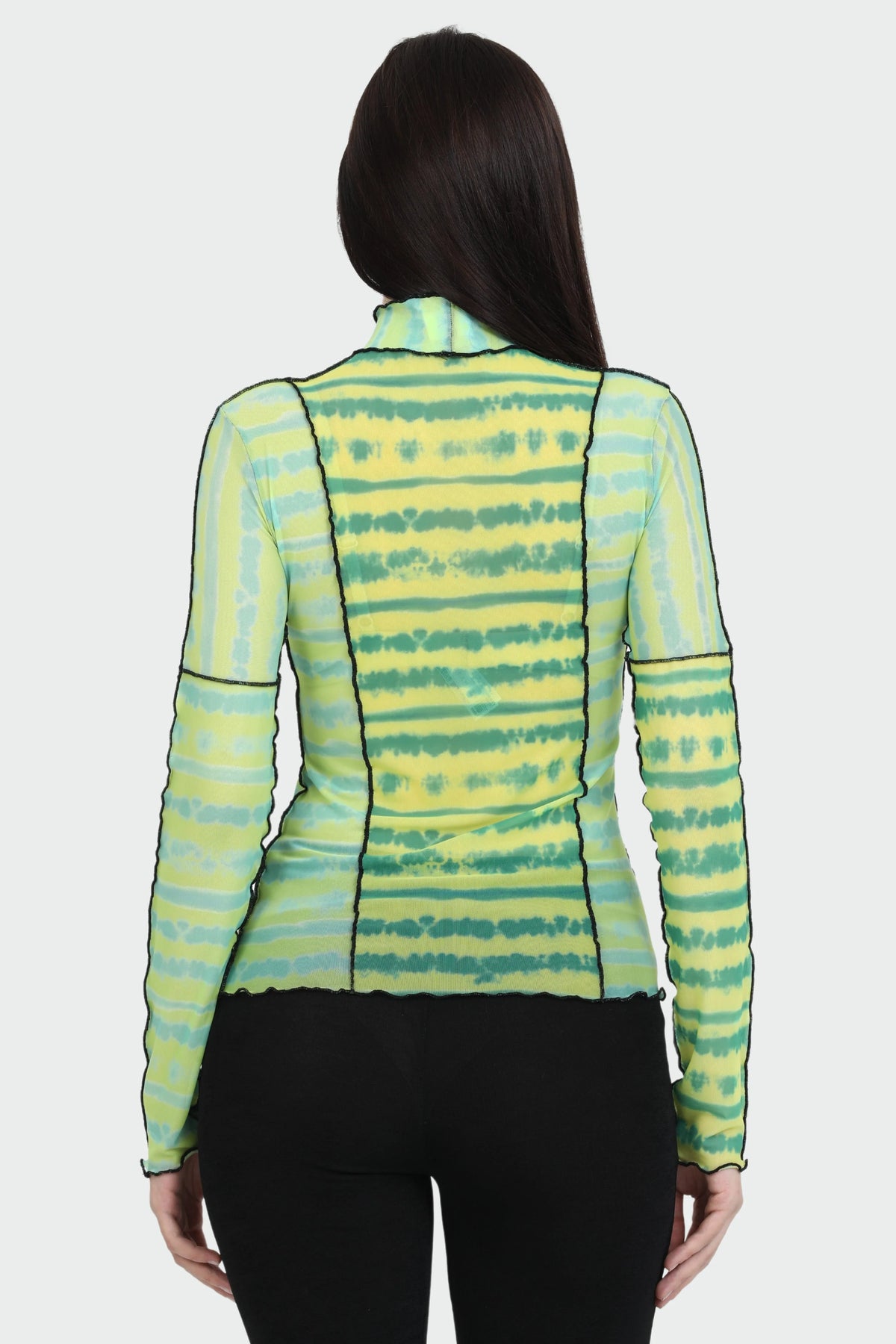 Turtleneck Long Sleeve Green Mint Yellow Tie Dye Blouse