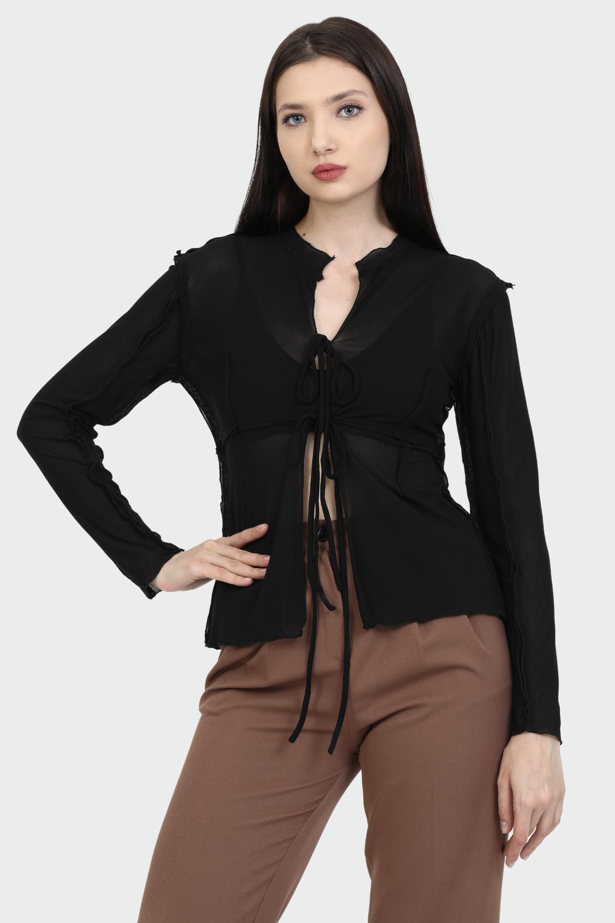 Tie-Front Black Mesh Top