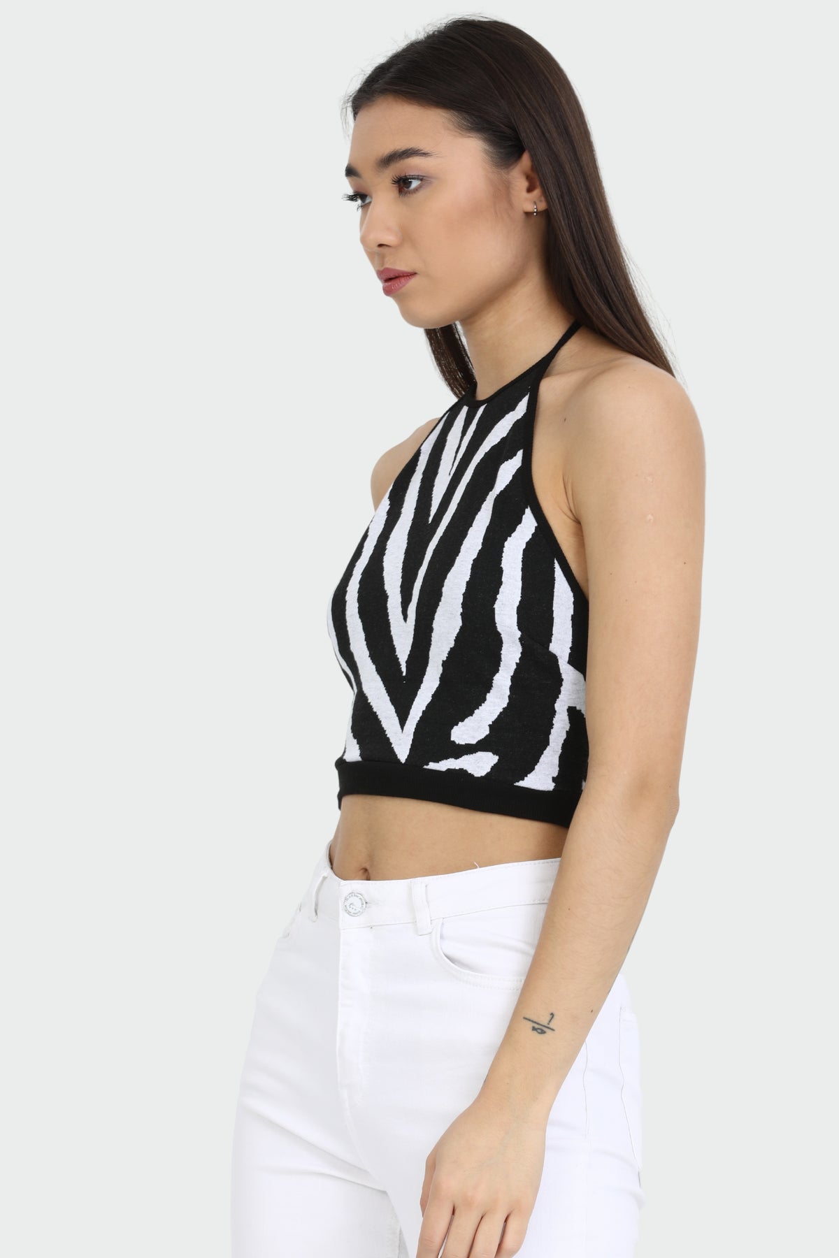 Black-White Printed Halter Crop Top