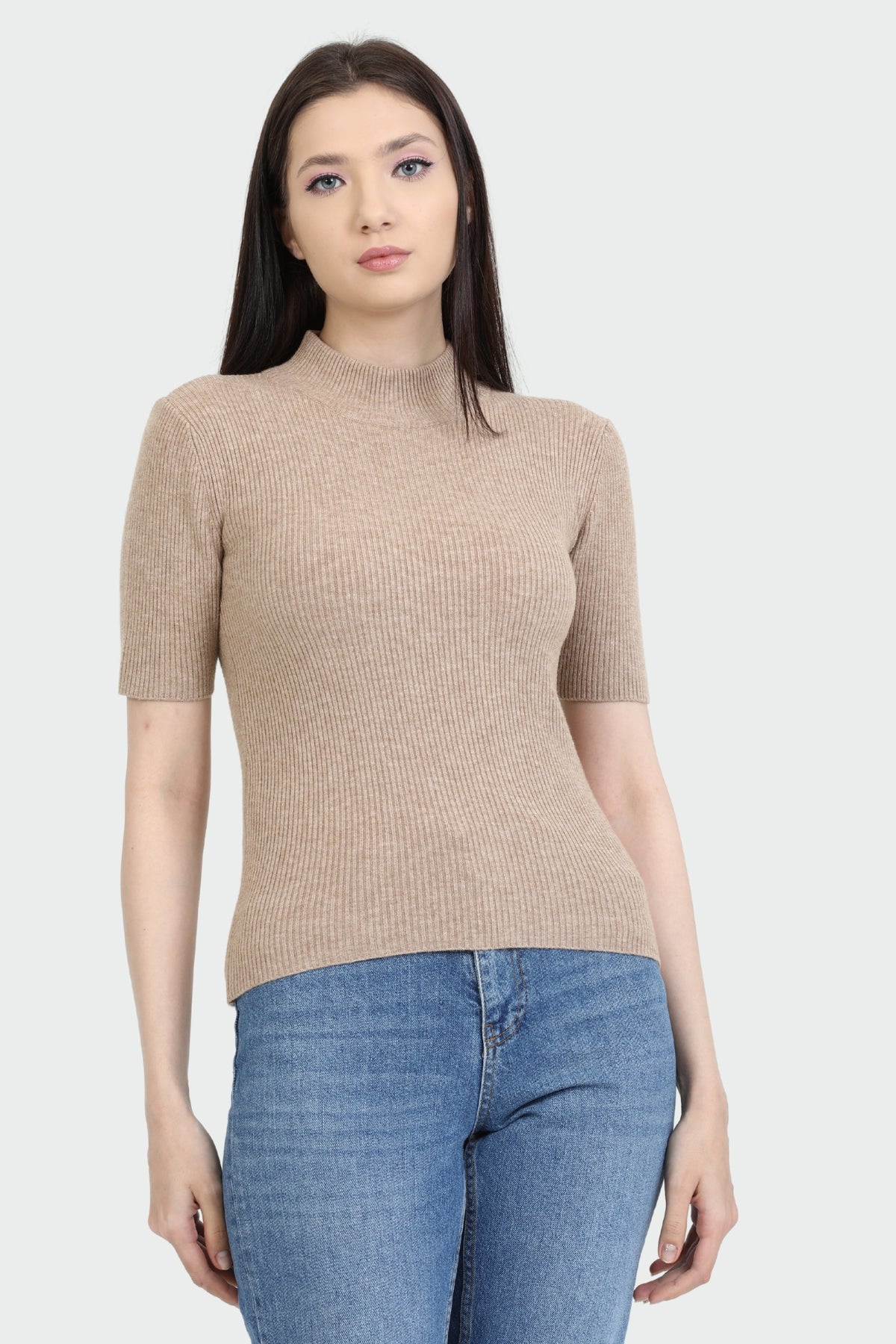 Mock Neck Elbow Sleeve Rib Sweater