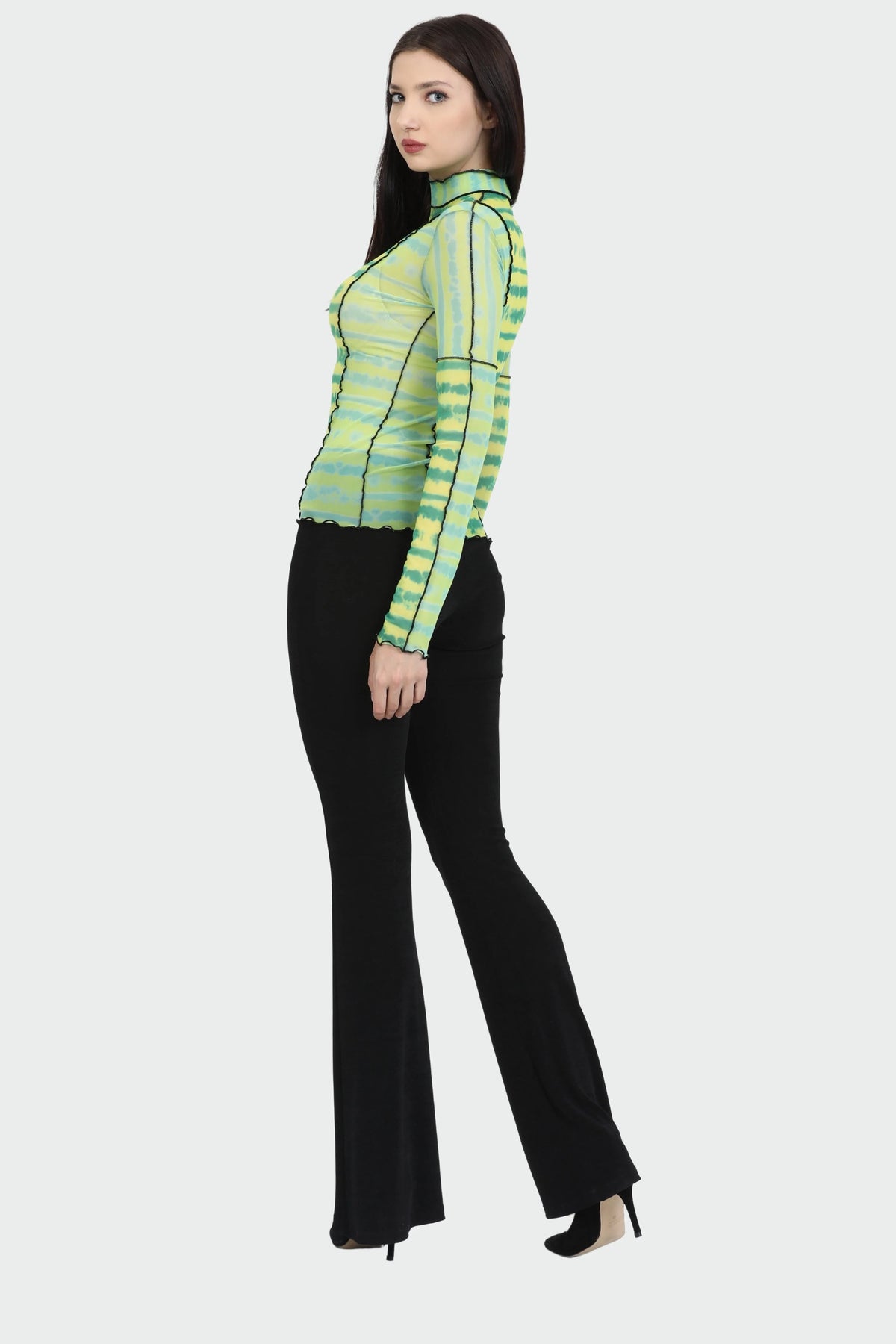 Turtleneck Long Sleeve Green Mint Yellow Tie Dye Blouse