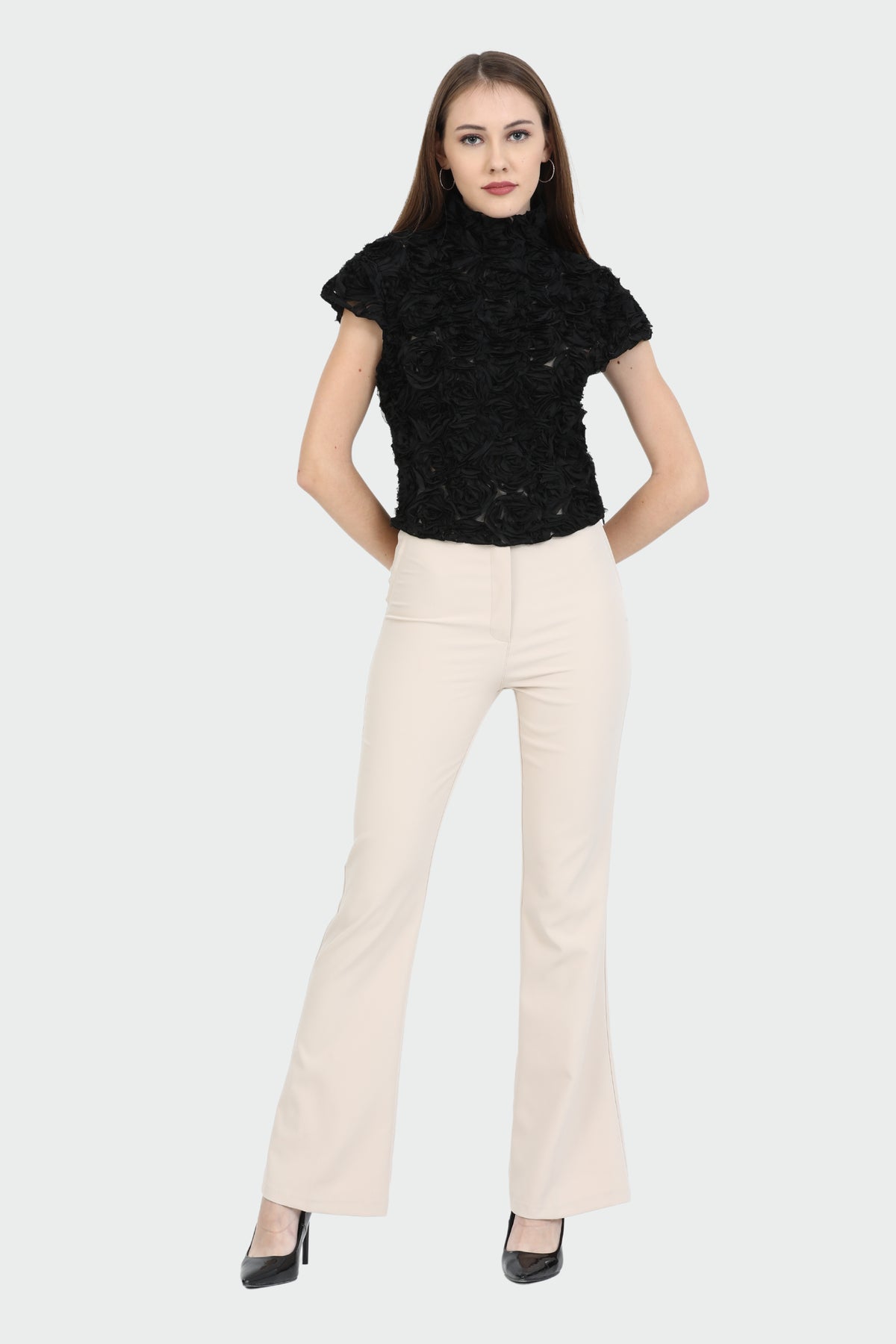 Black Rose-Embellished Mock Neck Top