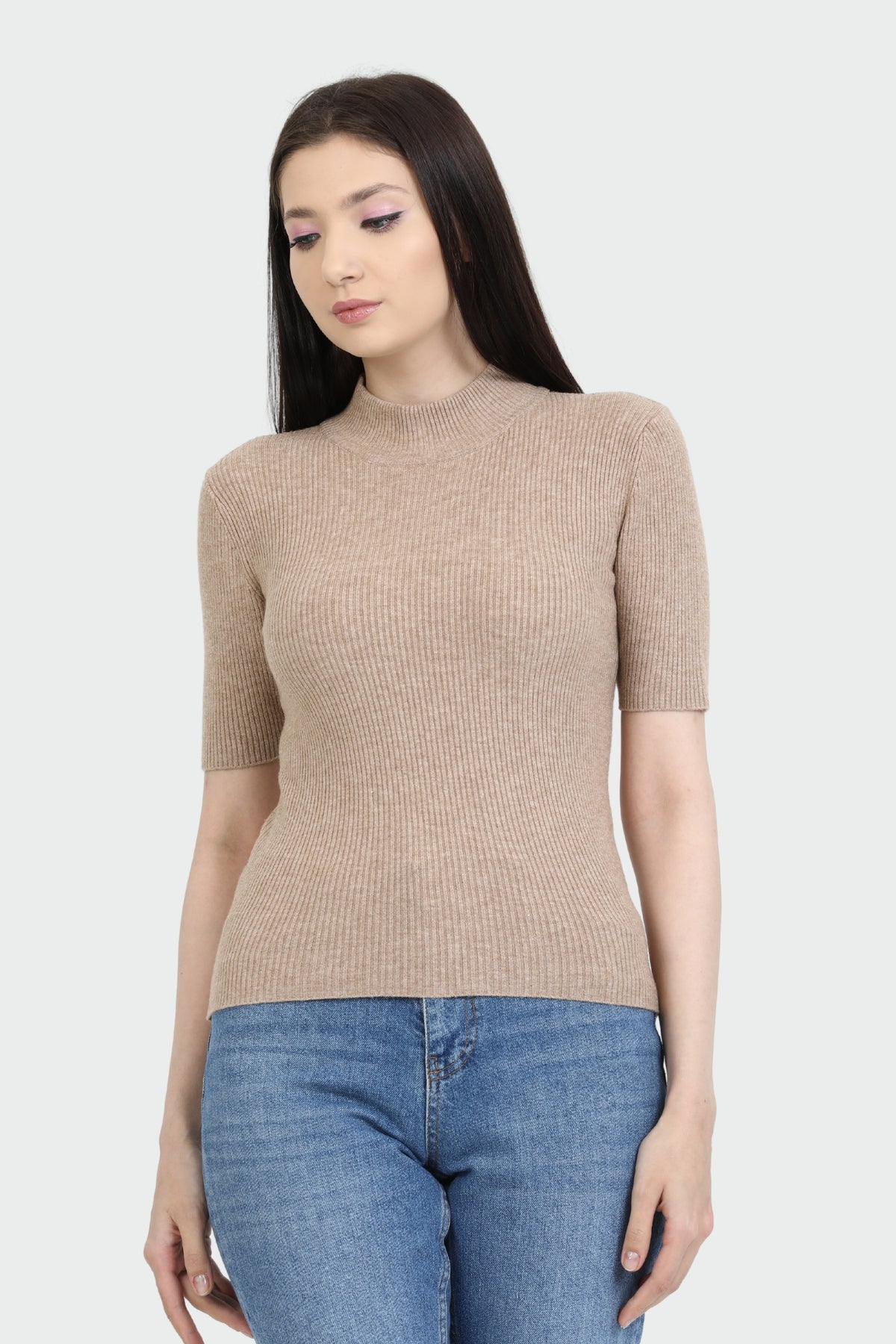 Mock Neck Elbow Sleeve Rib Sweater