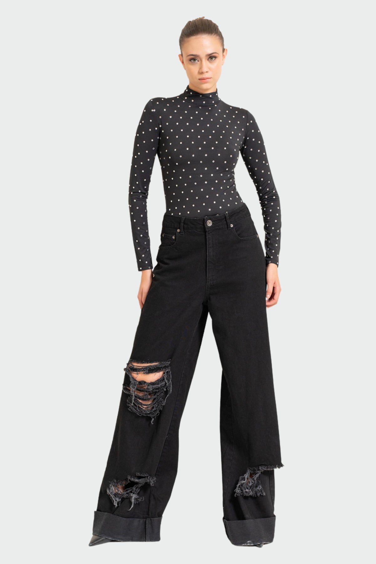 Black Mock Neck Embellished Top