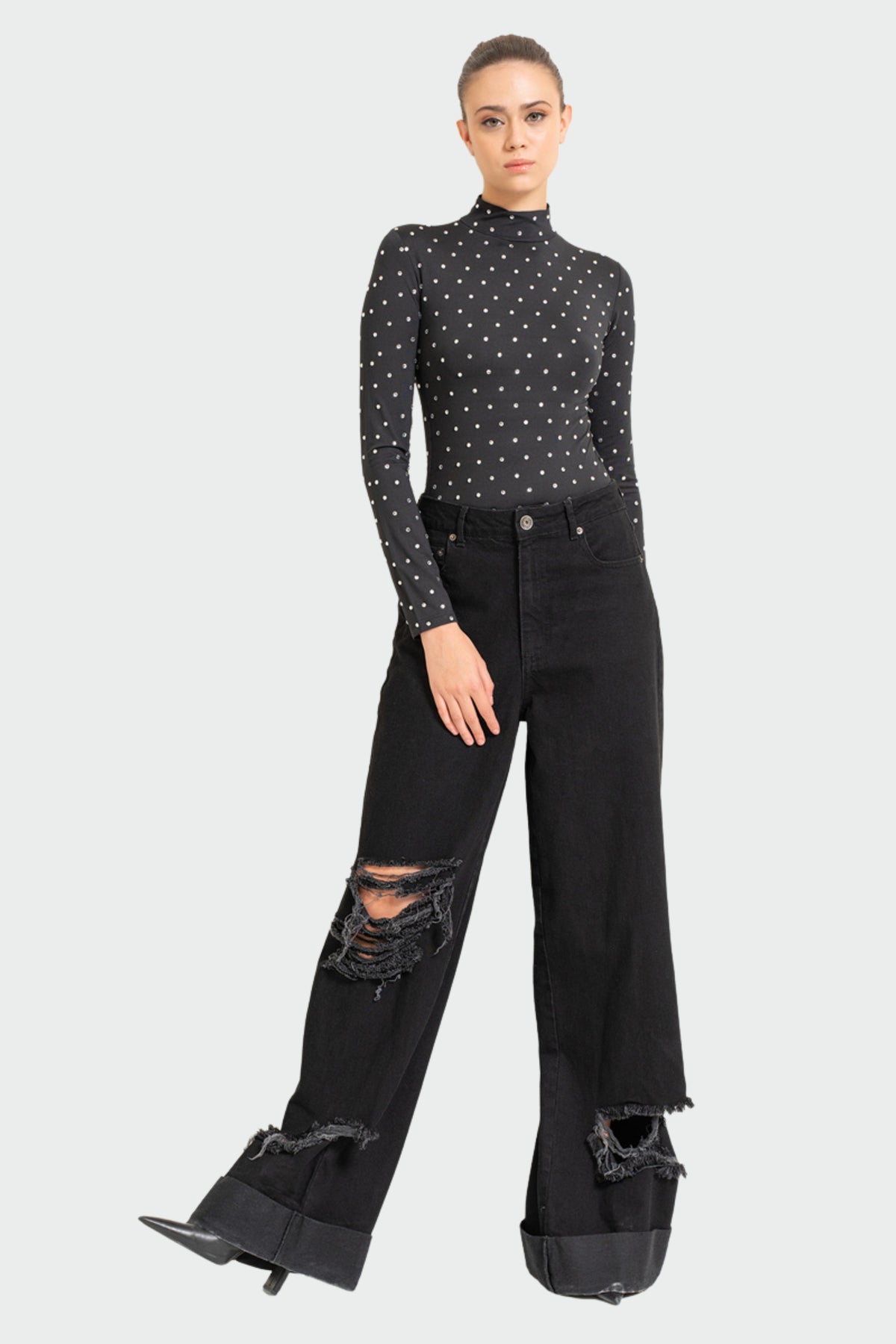 Black Mock Neck Embellished Top