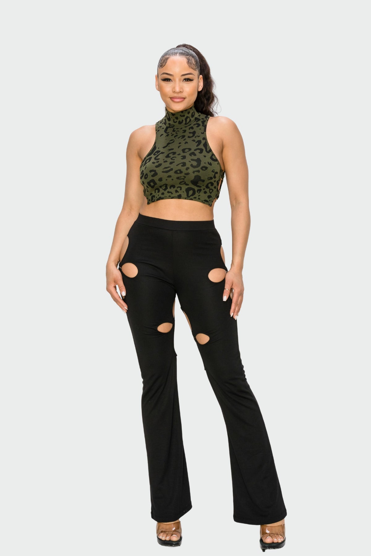 Khaki and Black Leopard Printed O-Ring Crop Top