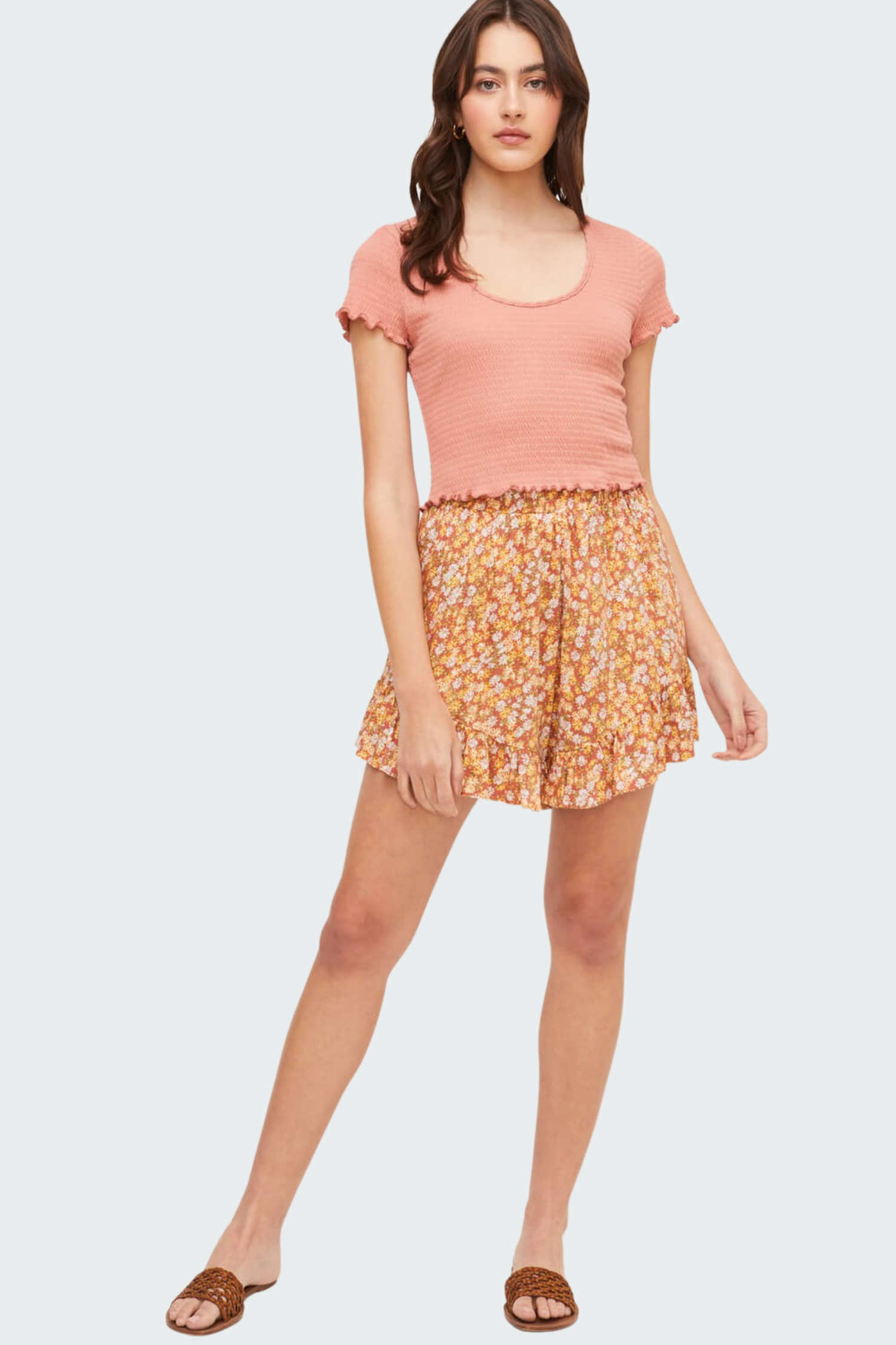 Smocked Short Sleeve Top with Round Neckline