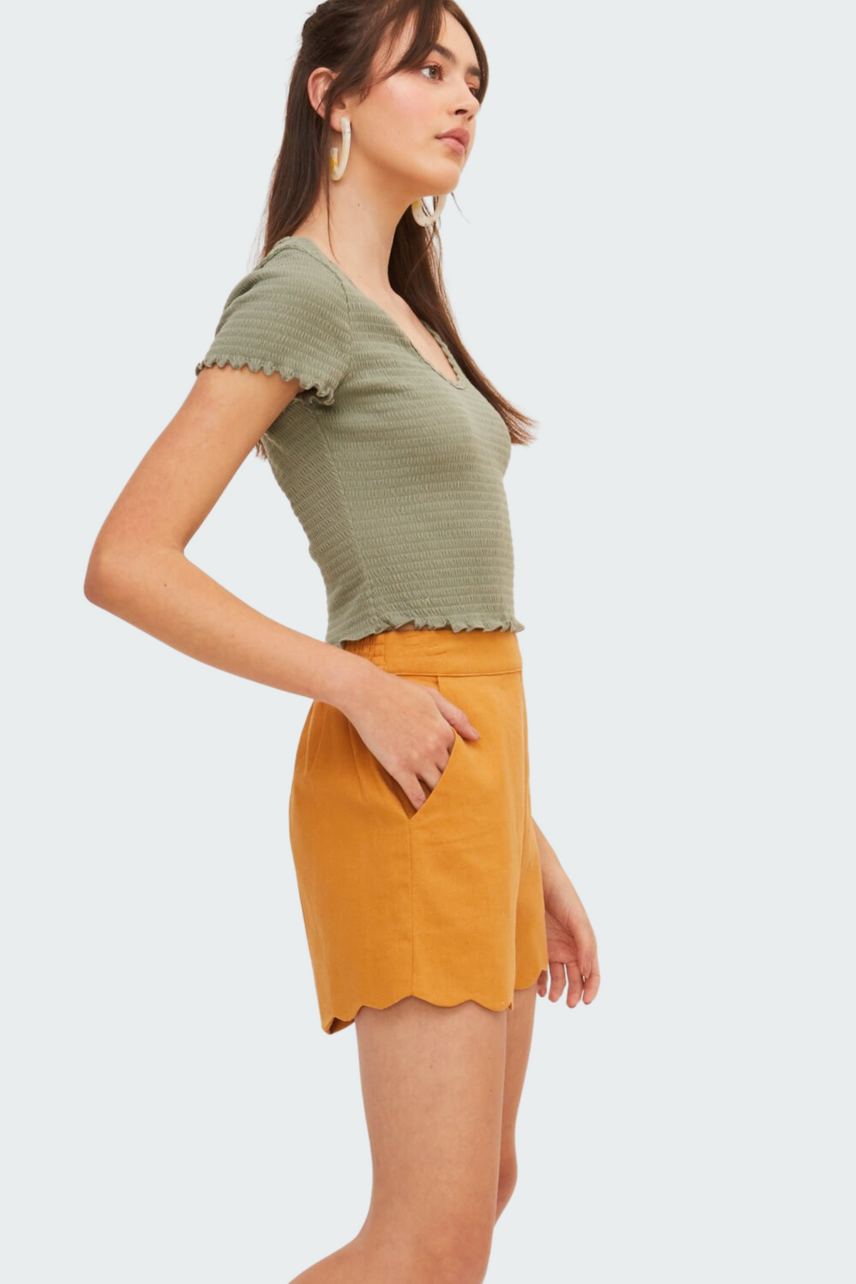 Smocked Short Sleeve Top with Round Neckline