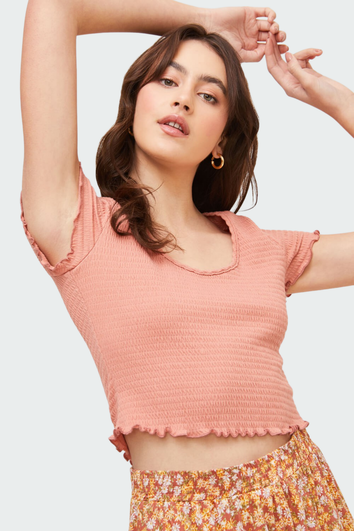 Smocked Short Sleeve Top with Round Neckline