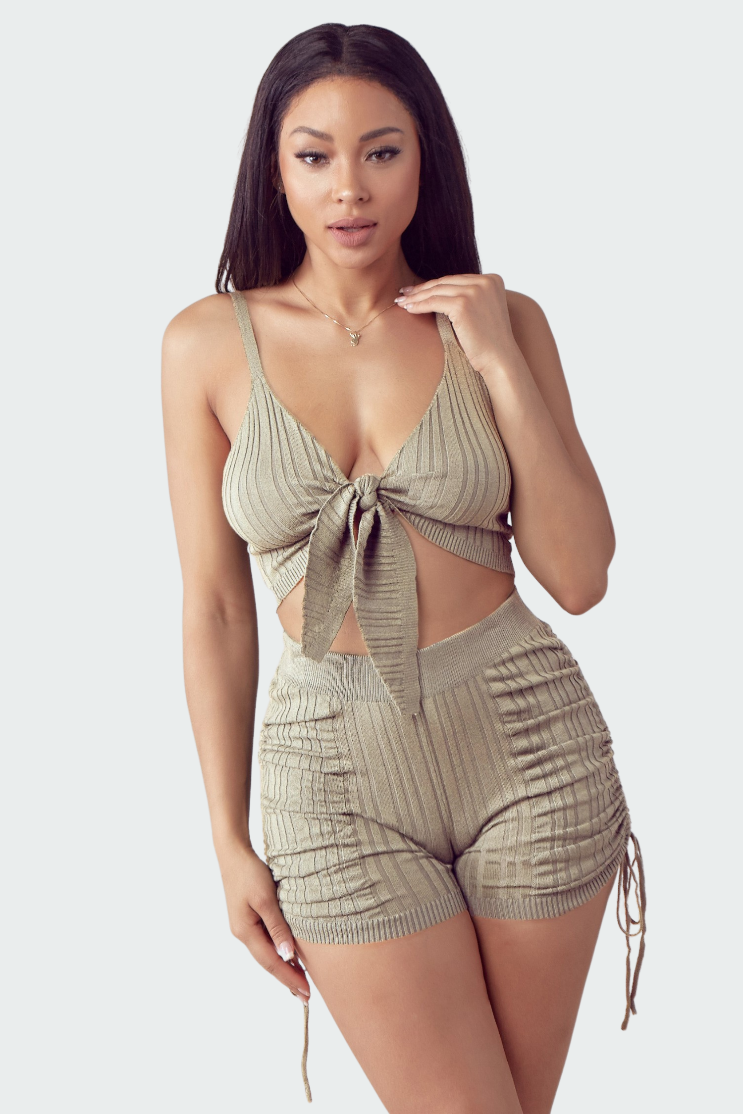 Tied front crop top Side Ruched detail shorts Rib knit fabric